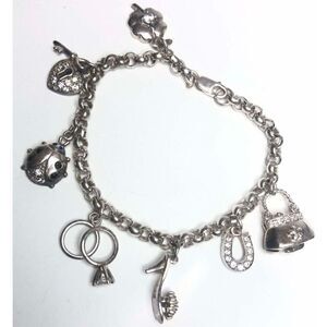 861 Sterling sliver .925 lucky Charm bracelet ladybug, Purse, clover, shoe heart
